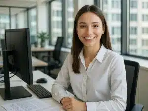 Irodai asszisztens képzés online – fiatal nő mosolyog modern irodai környezetben számítógép előtt, dokumentumokkal az asztalon.