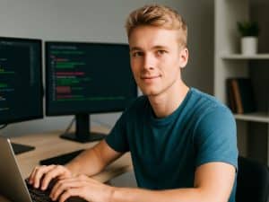 Fiatal férfi laptop előtt egy online szoftvertesztelő tanfolyam során